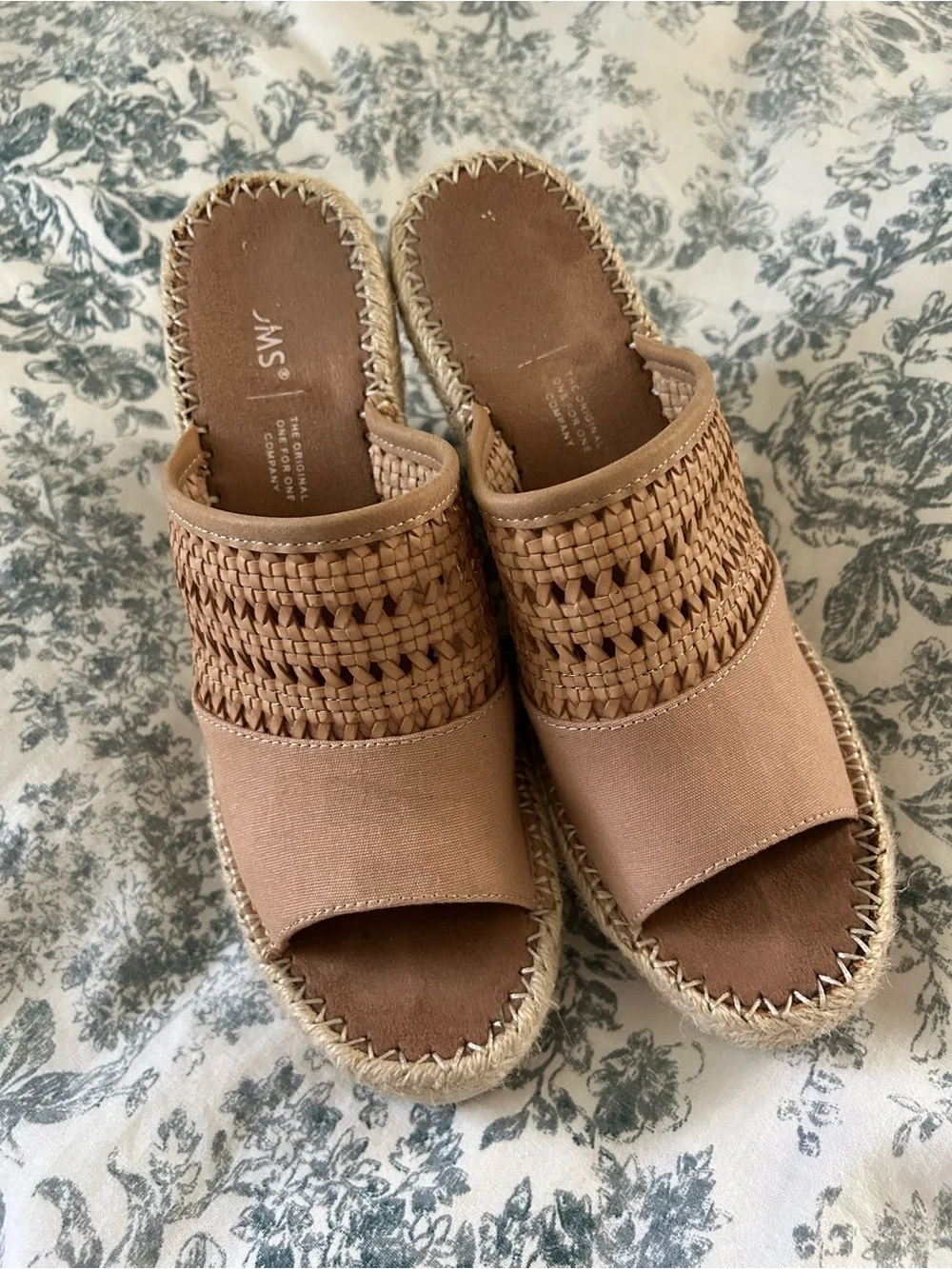 Toms Tan Woven Espadrille Wedge Slides